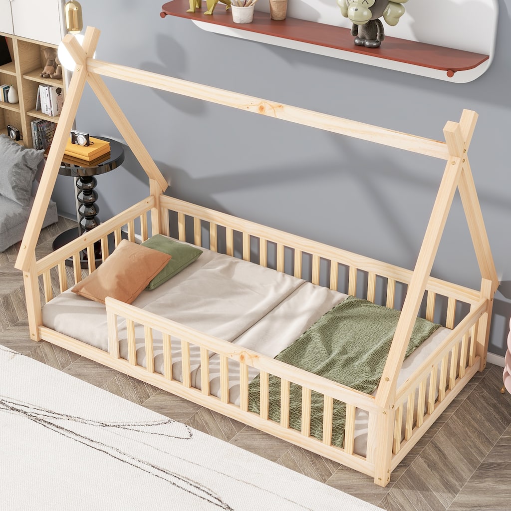 Toddler Floor Bed with Fence Guardrails, Wood Slat Support, Tent-shaped Bed with Roof Frame - Available with or without Door