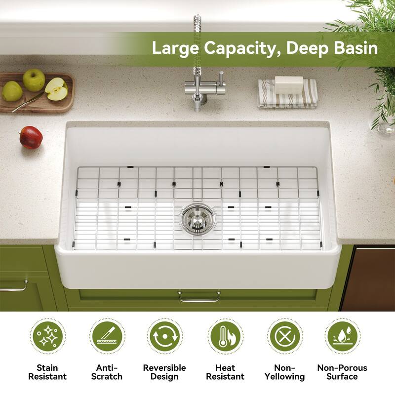 HOROW 36 in. White Fireclay Farmhouse Apron-Front Single-Bowl Kitchen Sink with Bottom Grid and Strainer
