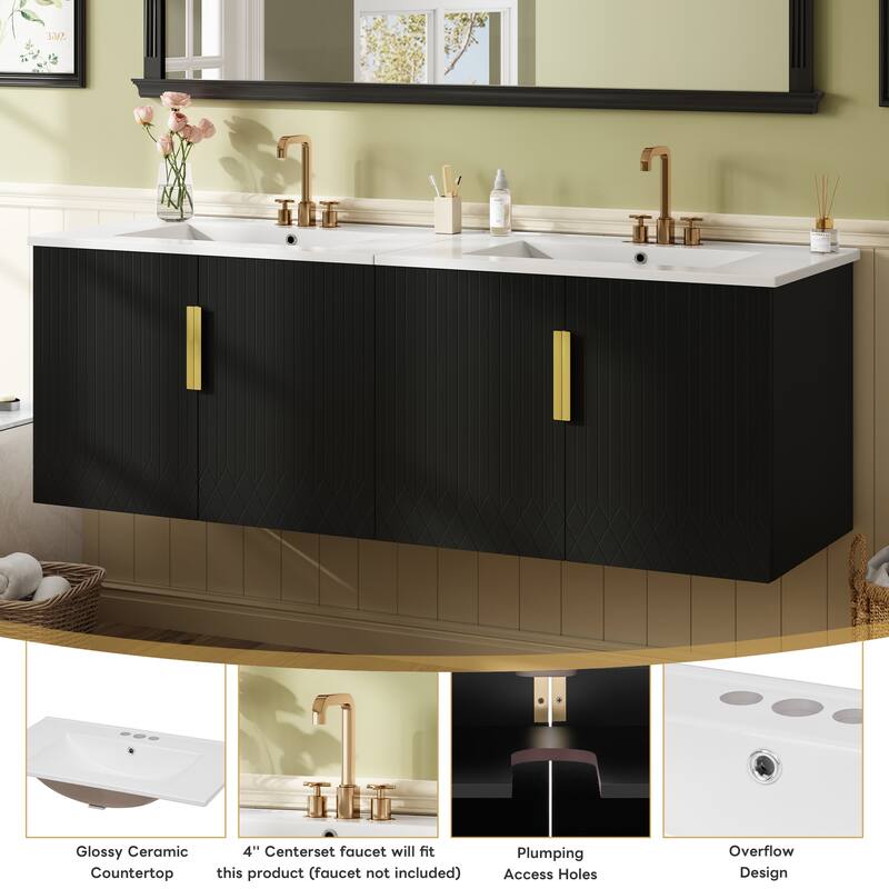 60'' Floating Bathroom Vanity Set with White Integrated Ceramic Sink - 60'' x 18.5'' x 20.1''