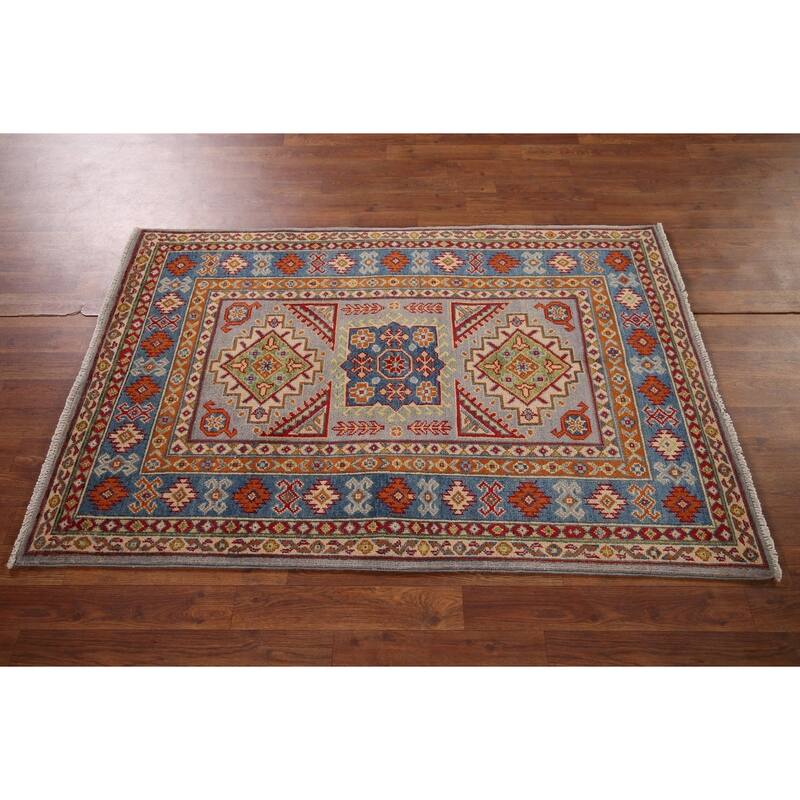 Traditional Grey Kazak Foyer Rug Hand-Knotted Wool Carpet - 3'4" x 5'0"