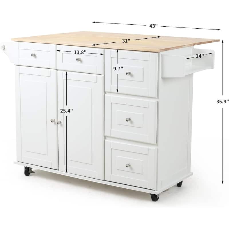 Rolling Kitchen Island with Drop Leaf - Mobile Cart with Wooden Countertop, Spice Rack, Adjustable Shelves & Drawers