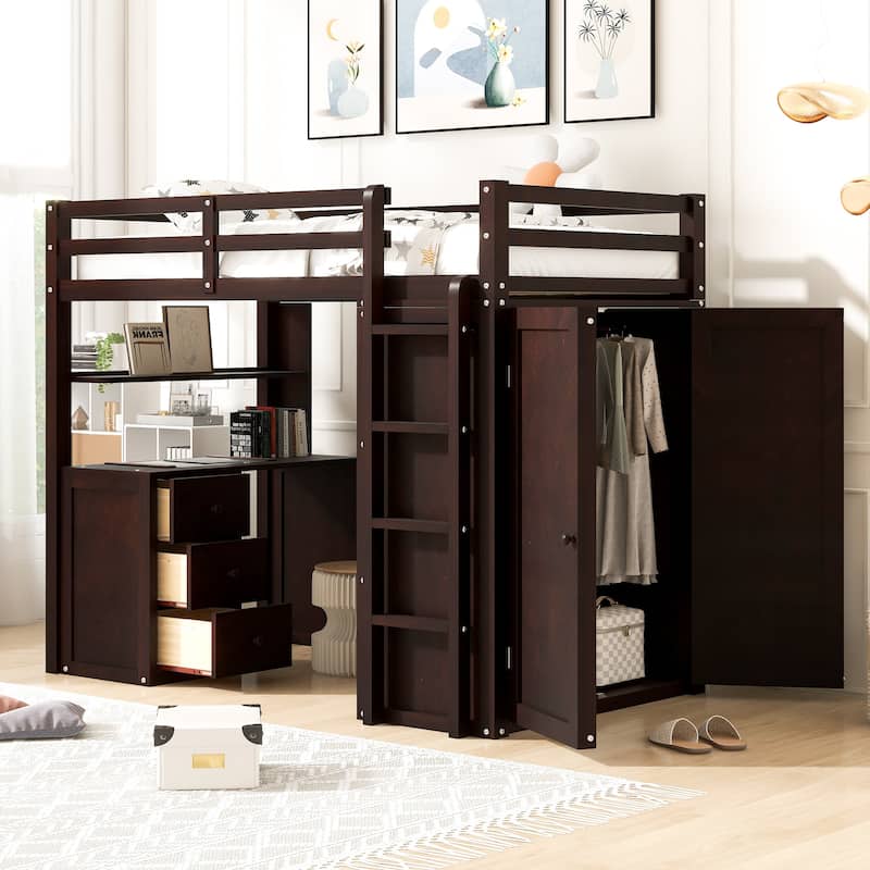 Twin/Full Size High Loft Bed with Built-in Desk, Wardrobe & 3 Drawers - Espresso - Twin