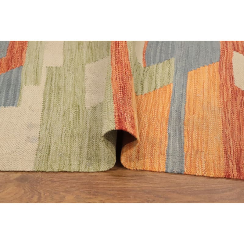 Hand Woven Oriental 100% Wool Carpet Southwestern Geometric Oranges & Rust Kilim Area Rug - 9' 9'' X 6' 6''