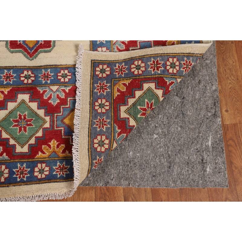Ivory Geometric Kazak Area Rug Hand-Knotted Wool Carpet - 8'0" x 10'6"