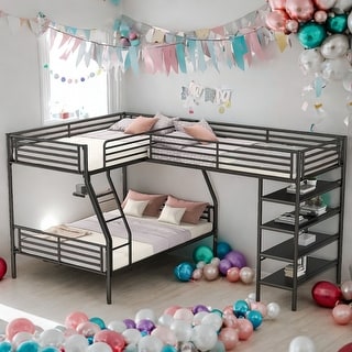 Modern Twin Over Full L-Shaped Metal Bunk Bed 3 Beds In 1 And Twin Size Loft Bed With Four Built-in Shelves,Black