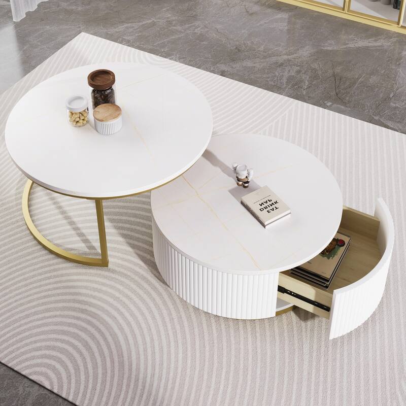 Modern Round Nesting Coffee Table Fluted with Drawer