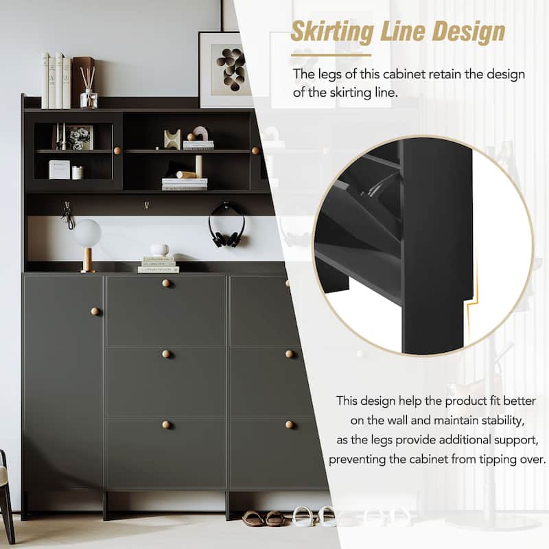 Large Hall Tree Shoe Cabinet with 6 Flip Drawers, Tempered Glass Doors & 4 Hooks, 62.1W Entryway Storage