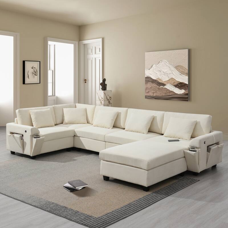 128" Chenille U-Shaped Sectional Sofa with Storage & USB - Off White