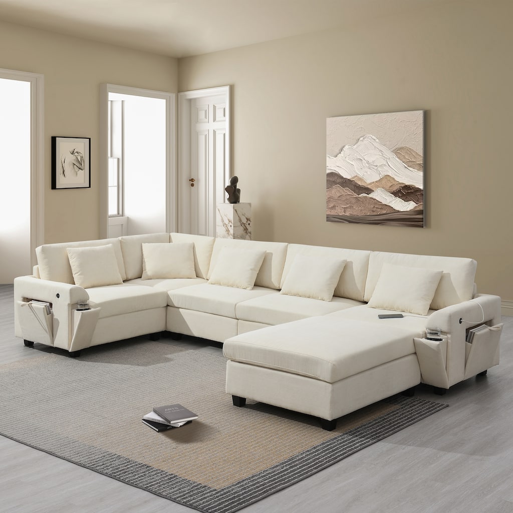 128x67" U Shaped 6 Seat Chenille Sofa Set with Ottoman, Storage, Cup Holders & USB Ports, Off White