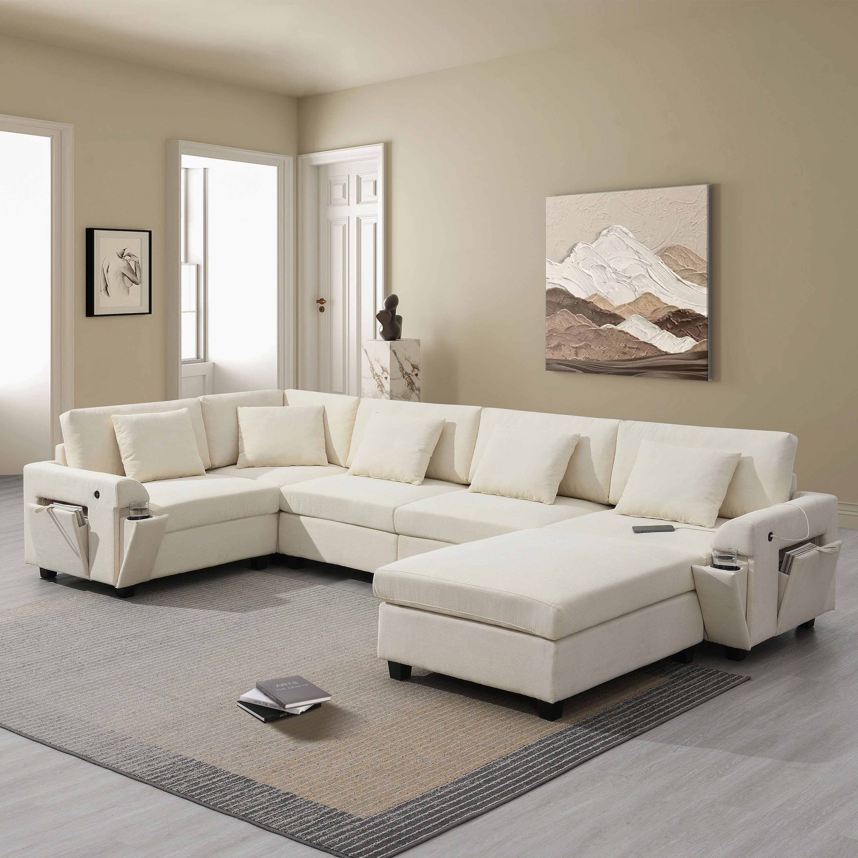6 Seat Chenille Couch Set with Oversized Ottoman,Hidden Armrest