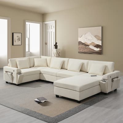 Modern U Shaped Modular Sofa with Hidden Storage and Cup Holders and Charging Ports for Living Room or Guest Room