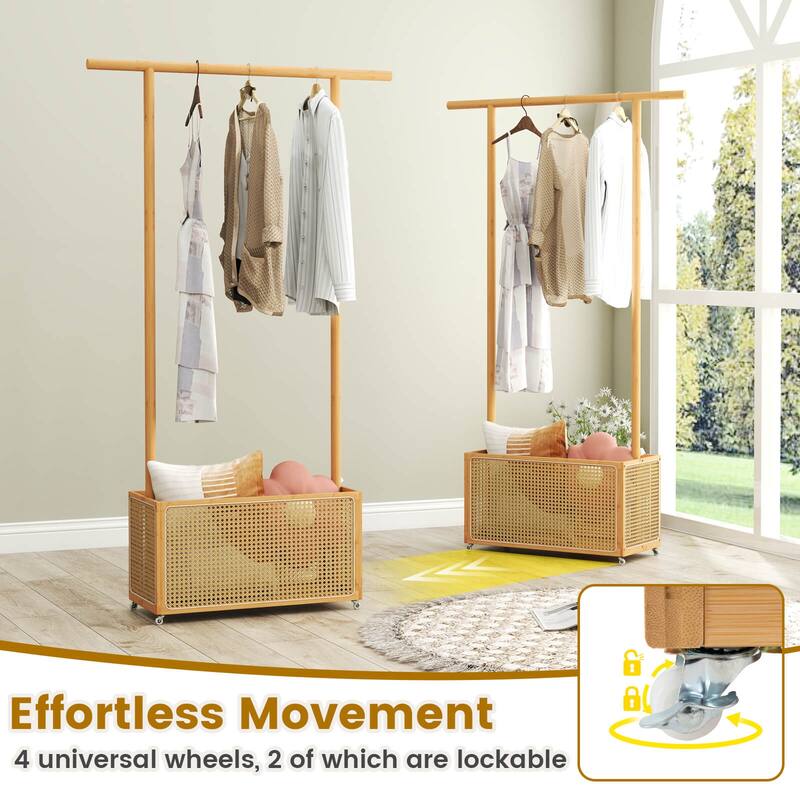 Costway Bamboo Clothes Rack with Rattan Storage Basket & Wheels, - See Details