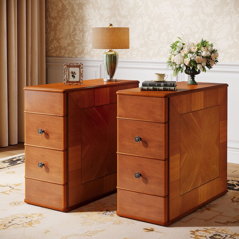 Walnut Engineered Wood Side End Table with 2 Drawers for Living Room, No Assembly Required Nightstand for Bedroom - Brown - 2 Pcs