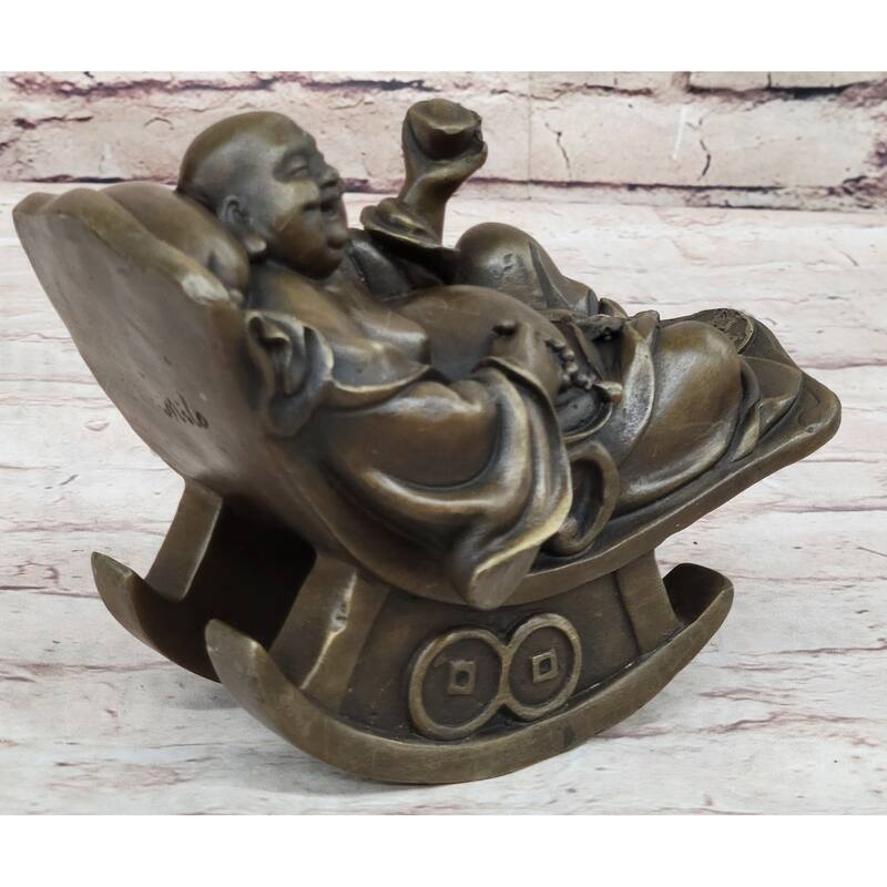 Laughing Buddha On Rocking Chair Bronze Figurine Statue Sculpture Original Art