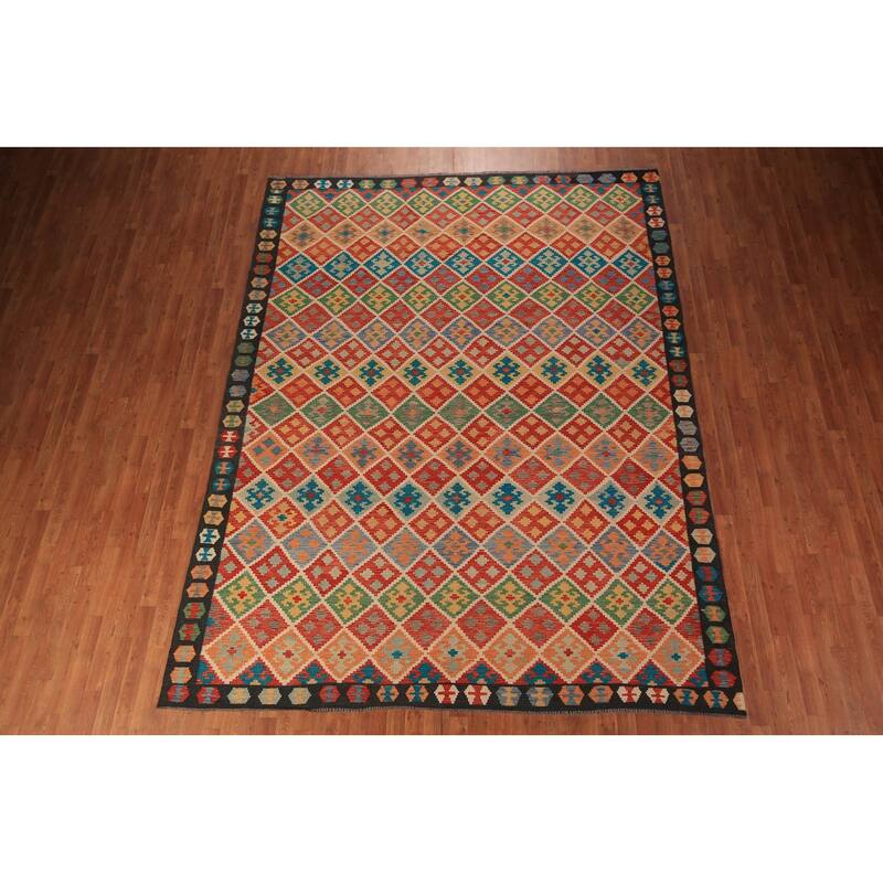 All-Over Trellis Kilim Area Rug Hand-Woven Wool Carpet - 8'9" x 11'4"