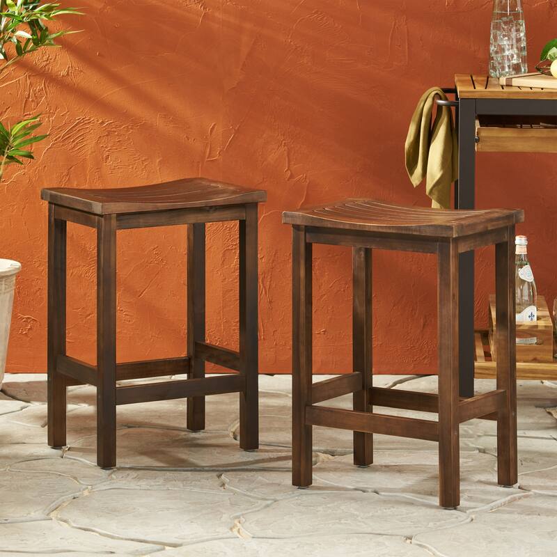 Roomfitters Outdoor Acacia Wood Bar Stool Set of 2, 24'' Counter Height Backless Patio Stools with Curved Seat, Mahogany Brown