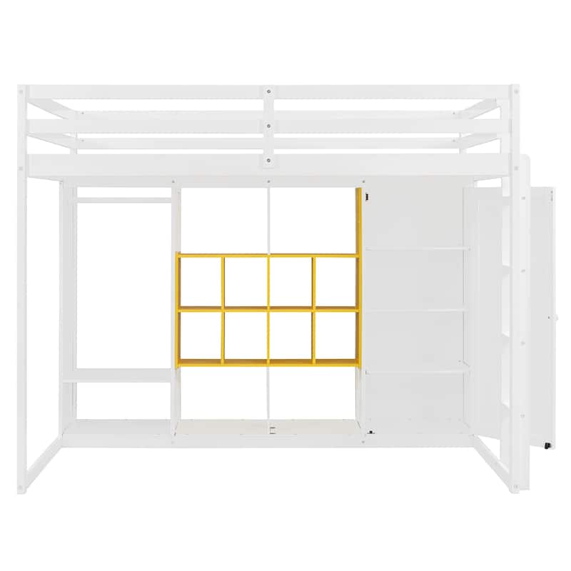 Twin/Full Size Versatile Loft Bed with Wardrobe, Storage Bed Frame with Multi-Shelves and Clothes Hanging Rod