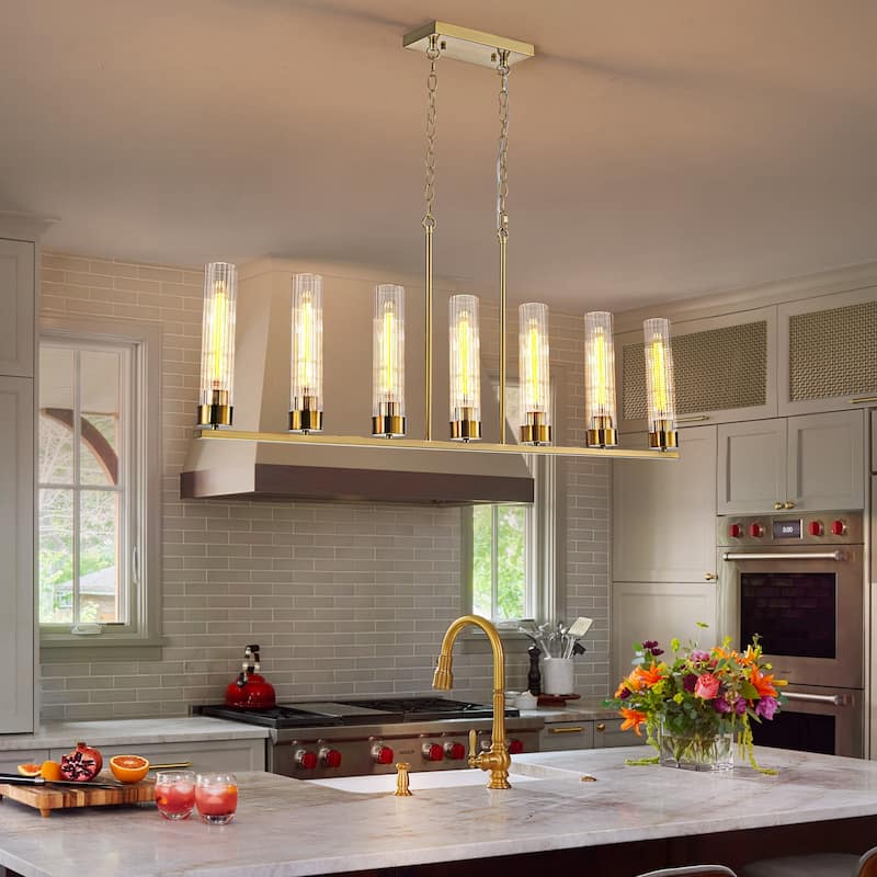 Modern 7-Light Linear Pendant Light with Clear Ribbed Glass