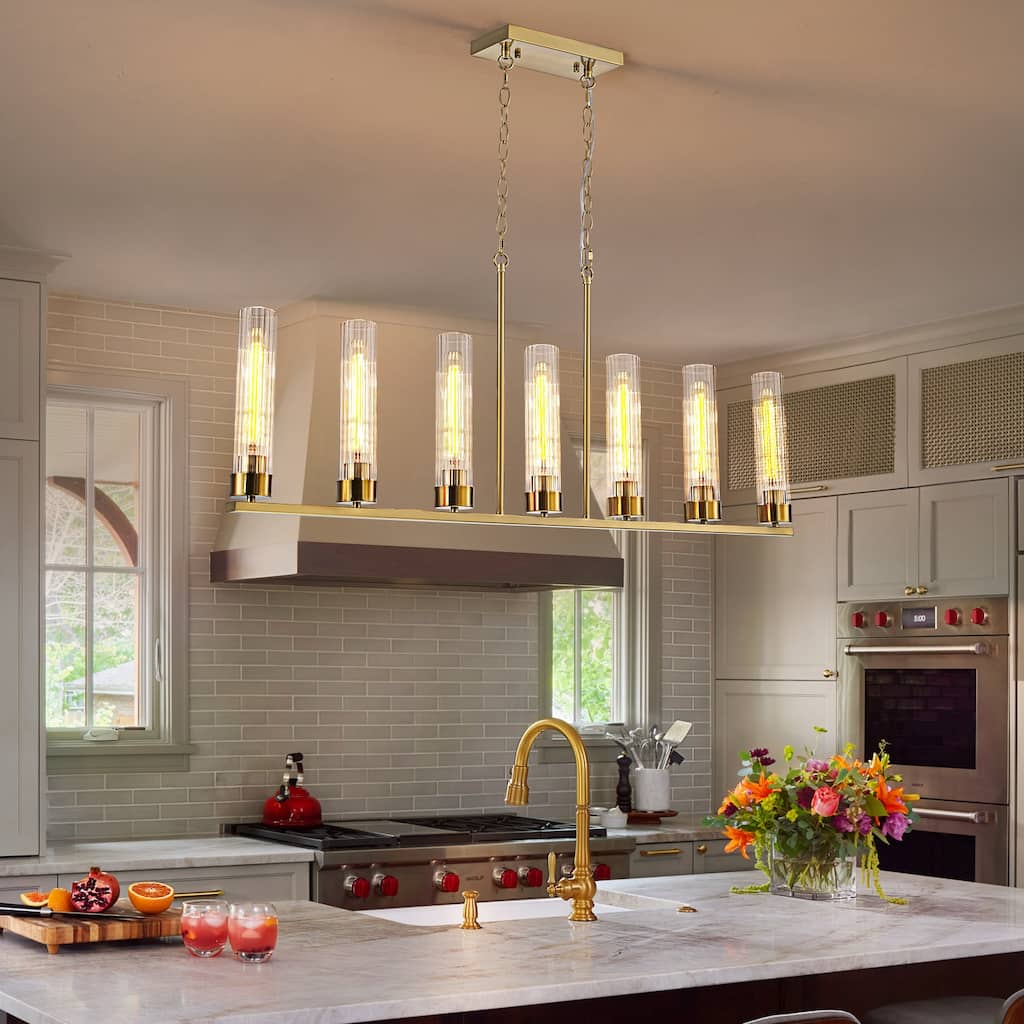 Modern 7-Light Linear Pendant Light with Clear Ribbed Glass