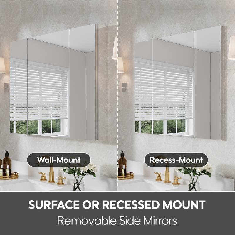 Recessed or Surface Wall Mount Bathroom Medicine Cabinet With Adjustable Glass Shelves