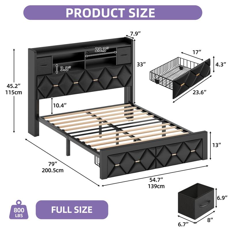 Black Farmhouse Bed Frame Upholstered Headboard Platform Bed with Charging Station