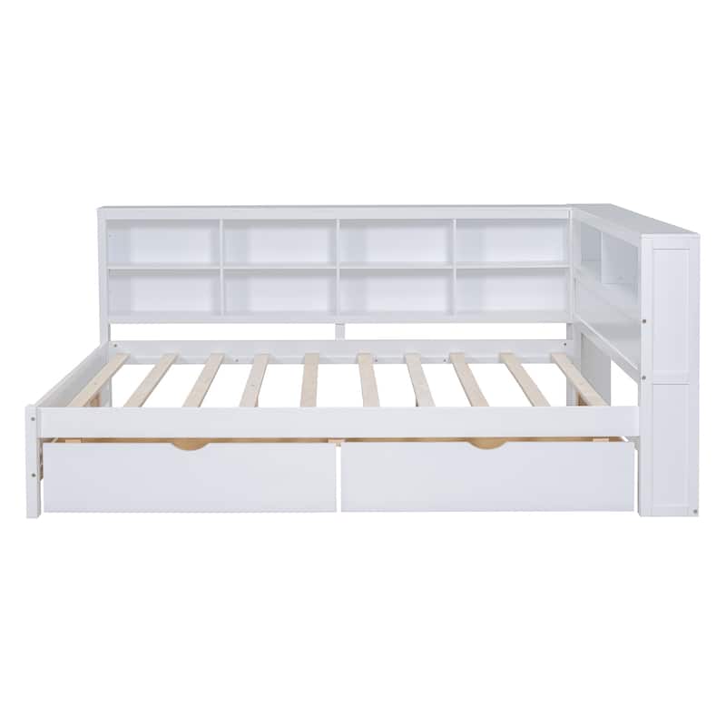 Wooden Full Size DayBed with 2 Drawers, Storage Shelf, and USB Charging Ports, White