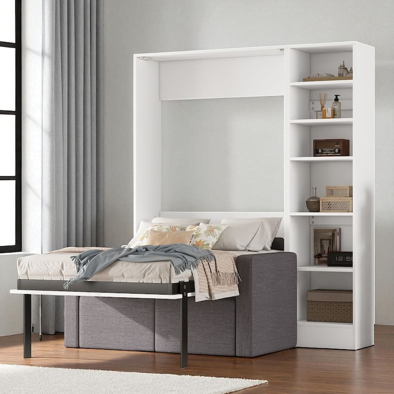 Twin/Full Size Murphy Wall Bed with Sofa and Storage Shelves, Foldable Space-Saving Design for Guest Rooms - White - Twin