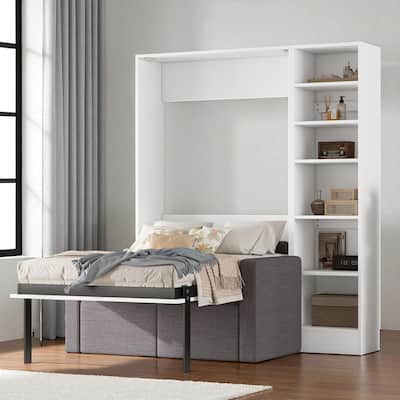 Twin/Full Size Murphy Wall Bed with Sofa and Storage Shelves, Foldable Space-Saving Design for Guest Rooms