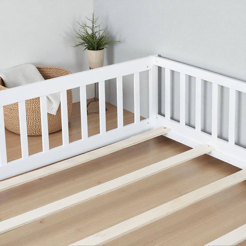 Queen Size Rubber Wood Floor Bed with Fence and Door, Montessori Platform Bed with Safety Guardrails for Kids