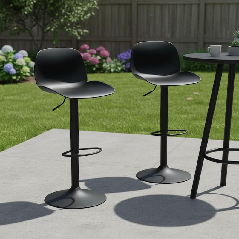 HomeRoots Set of Two Black Heavy Duty Plastic and Metal Low Back Adjustable Height Swivel Bar Chairs