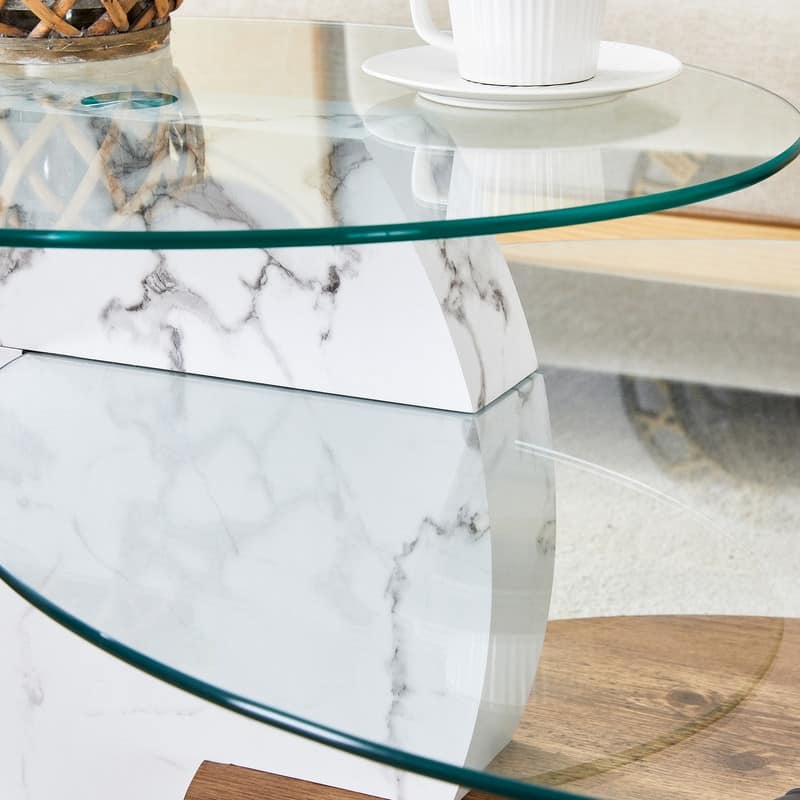 Contemporary Artistic Double Layer Coffee Table - White Marble and Wood Grain Collision