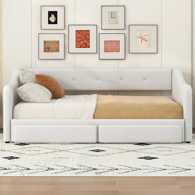 Twin XL to King Size Linen Fabric Daybed, Pull Out Upholstered Platform Sofa Bedframe with 2 Drawers, Wood Slats Support