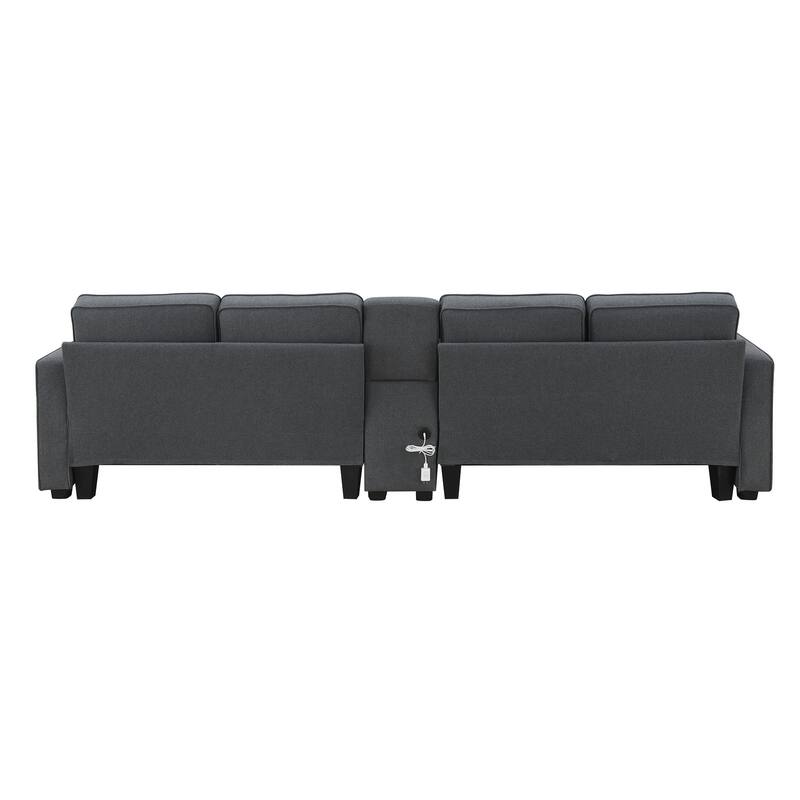 Linen Straight Row Sectional Sofa w4 Pillows, Console, Wired or Wirelessly Charged, Side Pockets, 2 Cupholders and 2 USB Ports