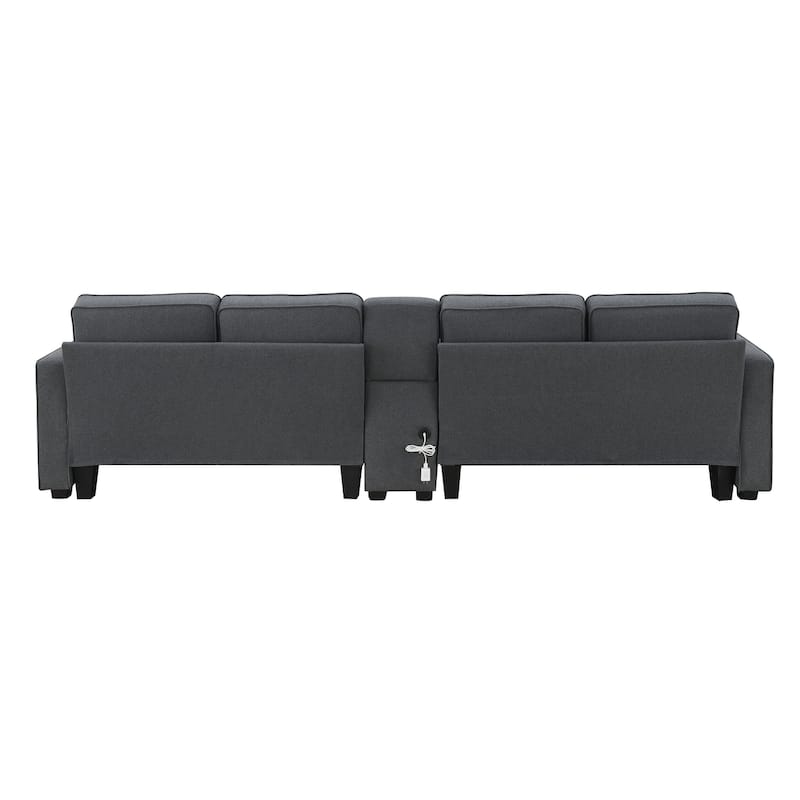 Modern 4-Seat Sofa with Console, Wireless Charging, 2 Cupholders, and 4 Pillows, Upholstered in Linen Fabric