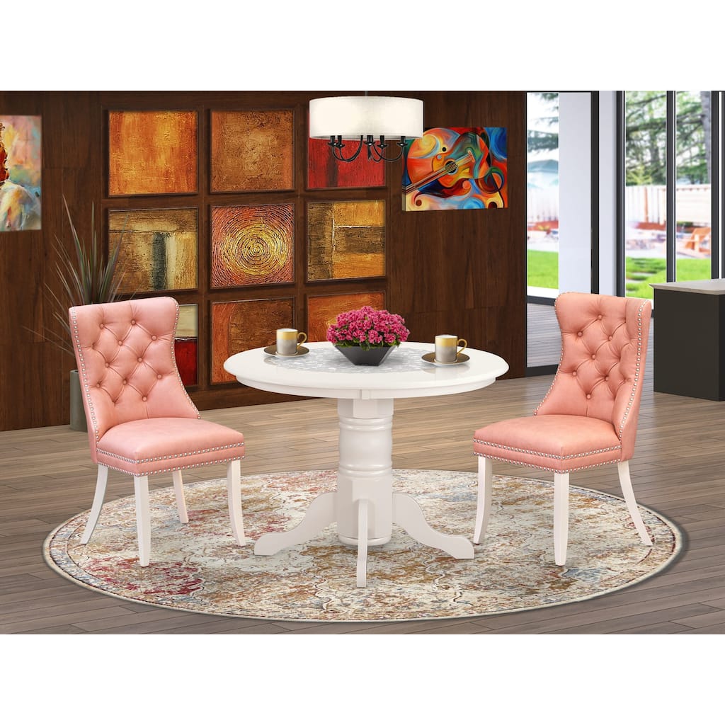 East West Furniture Dining Room Set Consists of a Round Dining Table and Upholstered Chairs, Linen White (Pieces Options)