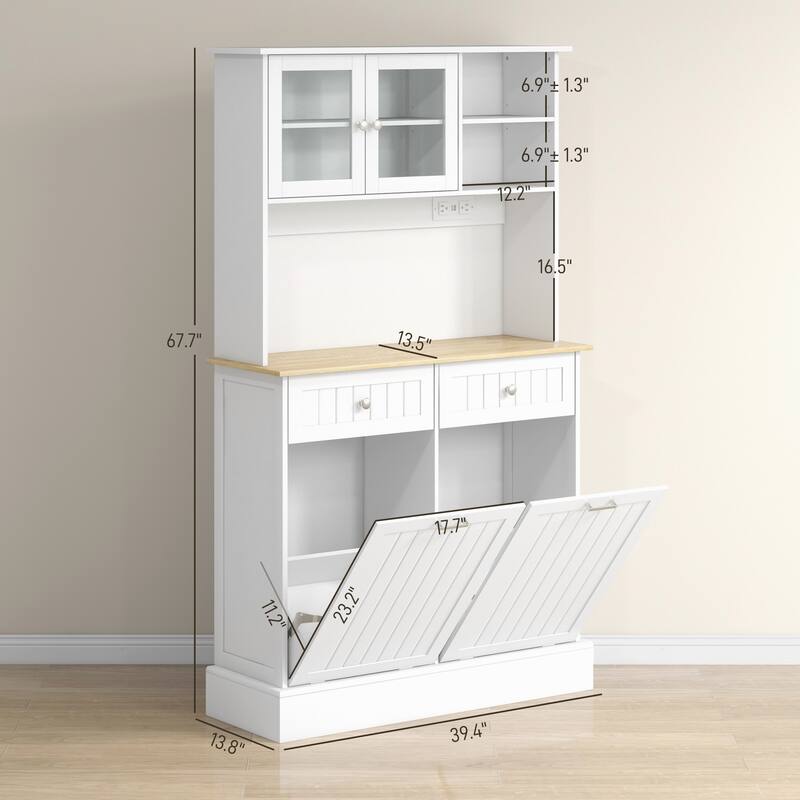 68" Kitchen Pantry Storage Cabinet with Charging Station, 2 Tilt Out Trash Cabinets and Microwave Stand, Freestanding