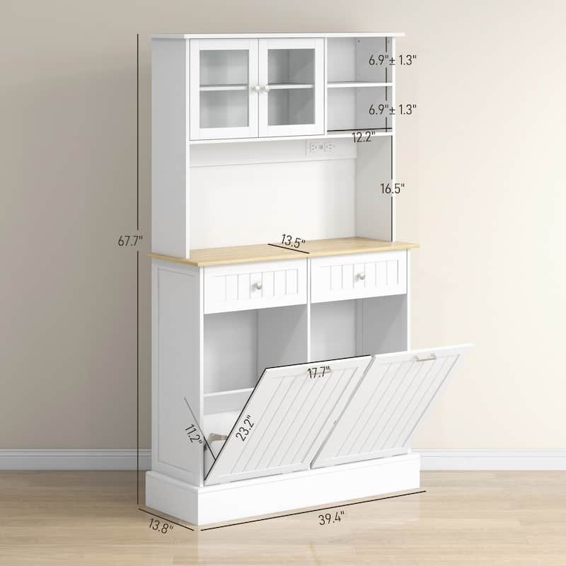 68" Kitchen Pantry Storage Cabinet with Charging Station, 2 Tilt Out Trash Cabinets and Microwave Stand