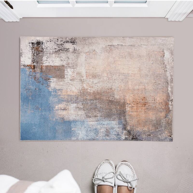 Kyler Machine Washable Beige and Blue Watercolor Area Rug