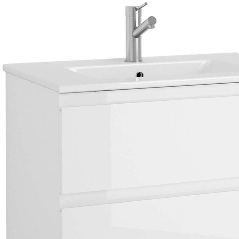 HomeRoots 28" White Wood Freestanding Bathroom Vanity With White Sink And Three Drawers - 28.00 in. x 39.06 in. x 18.10 in.