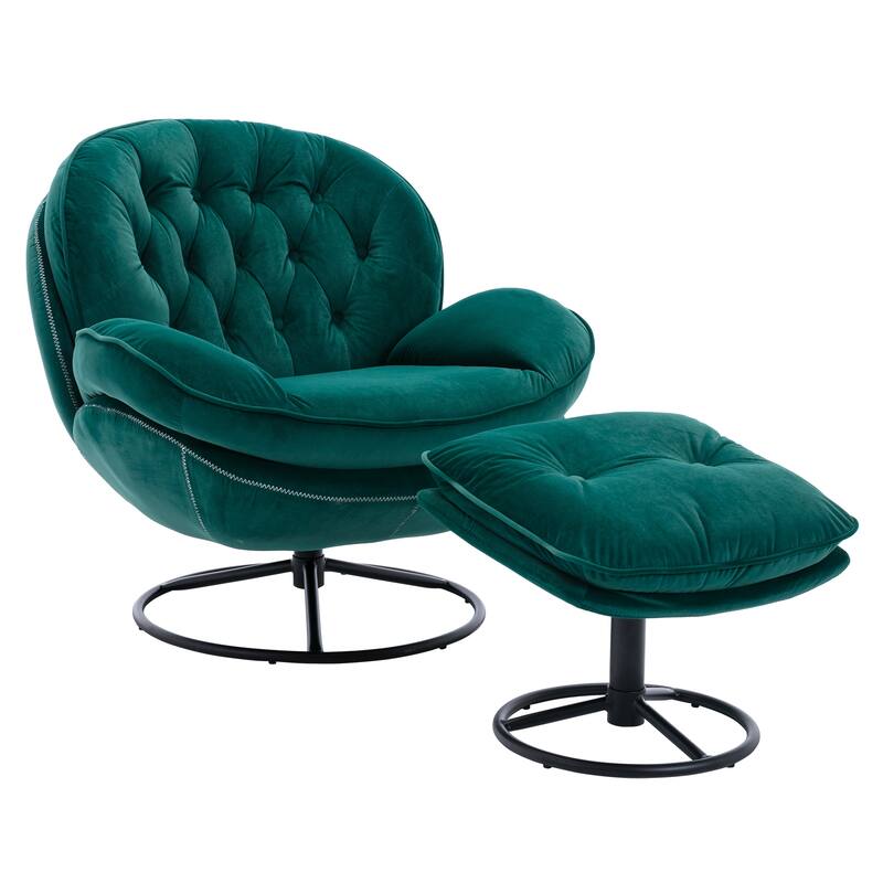 Velvet Swivel Accent Chair with Ottoman & Metal Legs (360° Rotation)