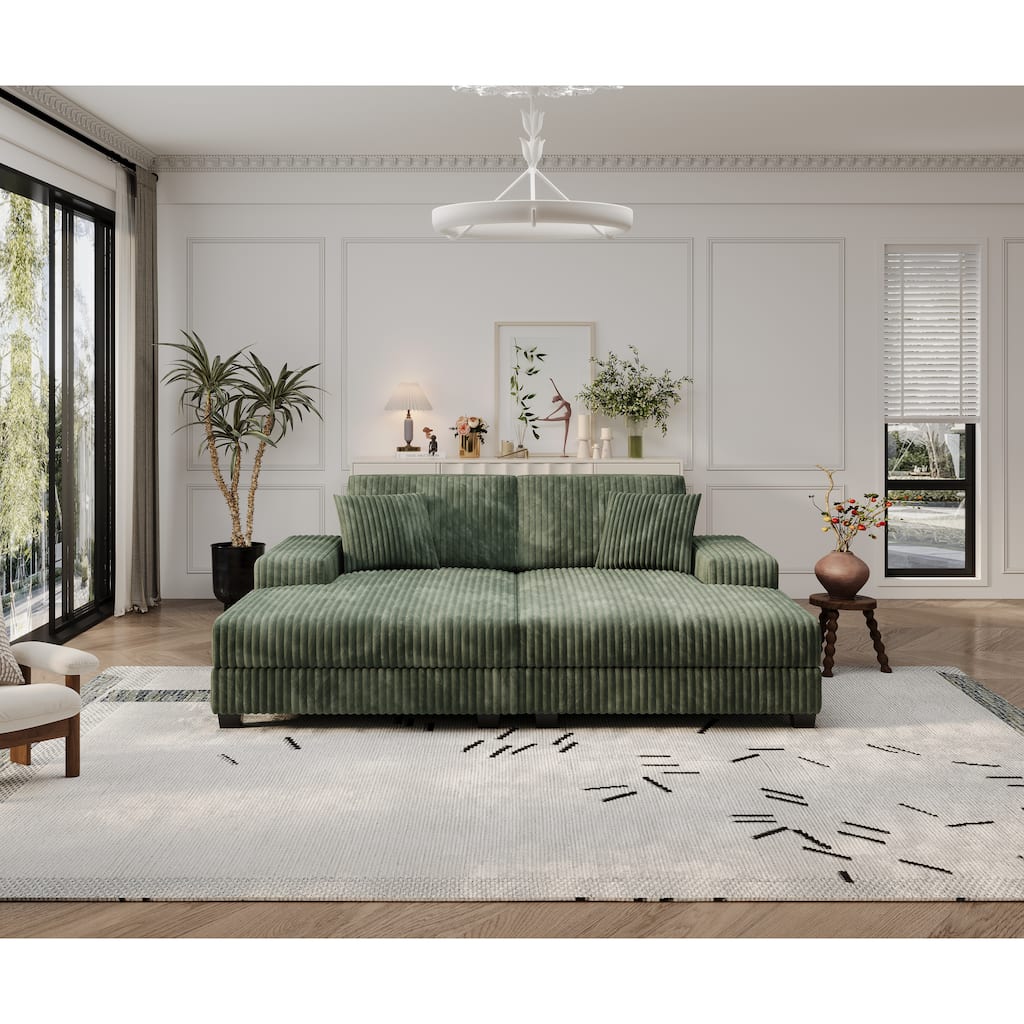 Convertible Combination Corduroy Sofa, Green, Wood Frame, 80x61x33 Inches