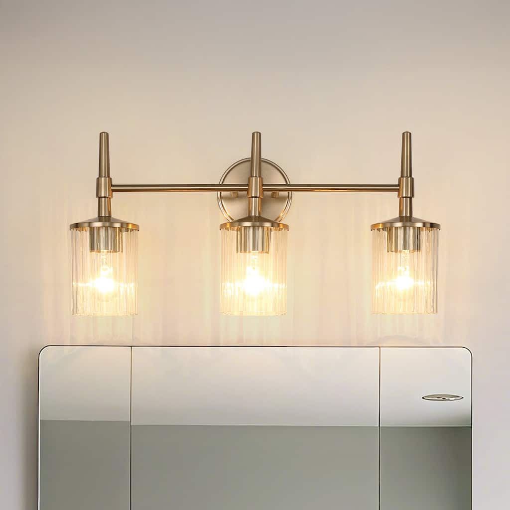 Thesis Andrea 24-inch 3-light Champagne Gold Vanity Light with Clear Ribbed Glass Shades