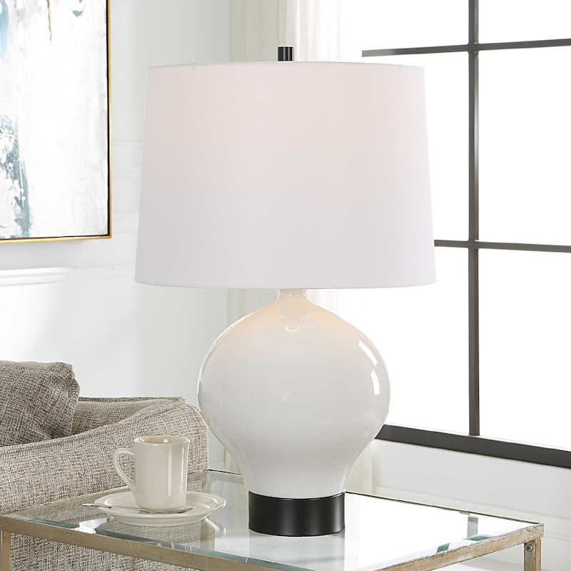Glossy Collar Table Lamp with Tapered Shade - 26" - White and Black