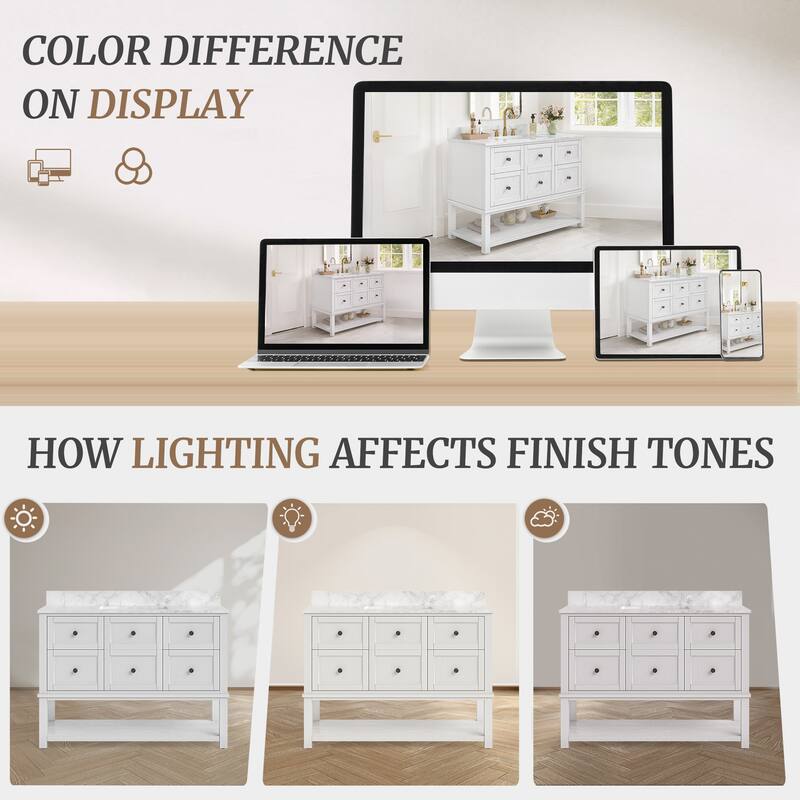 48" Bathroom Vanity with Sink, Marble Countertop Single Bathroom Vanity with 6 Drawers, White