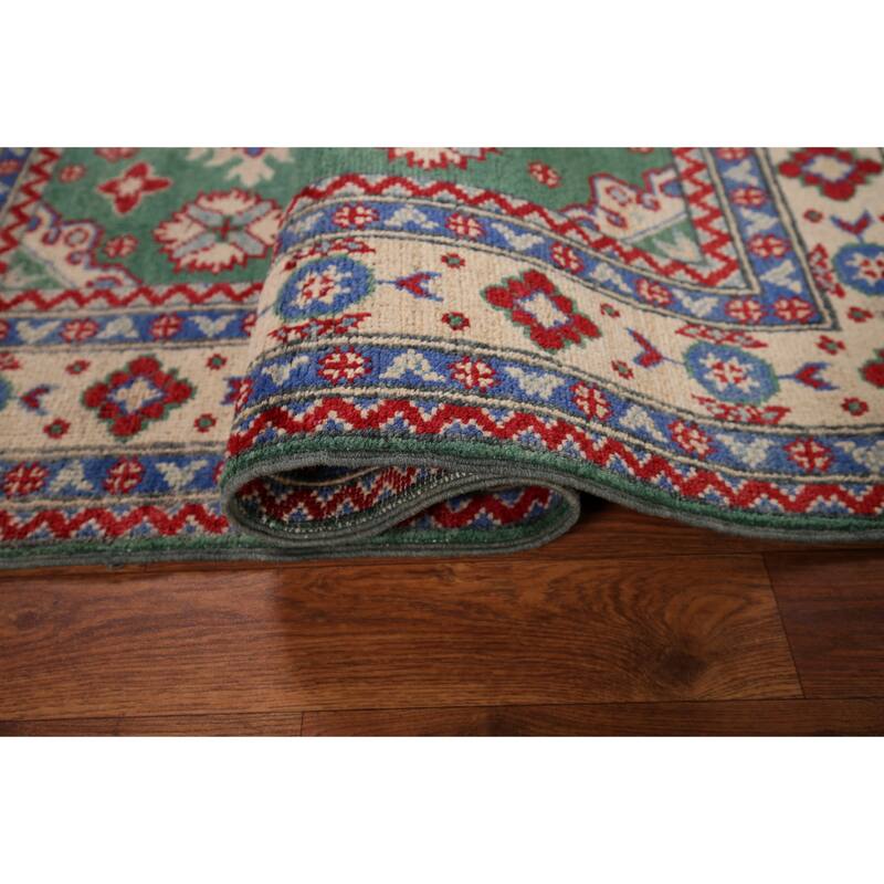 Green Geometric Kazak Oriental Accent Rug Handmade Wool Carpet - 3'4" x 4'10"