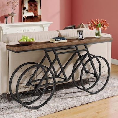 Brown-Black MDF Console Table with Bicycle Metal Base and Spacious Top - 70.86” L x 11.81” W x 33.46” H