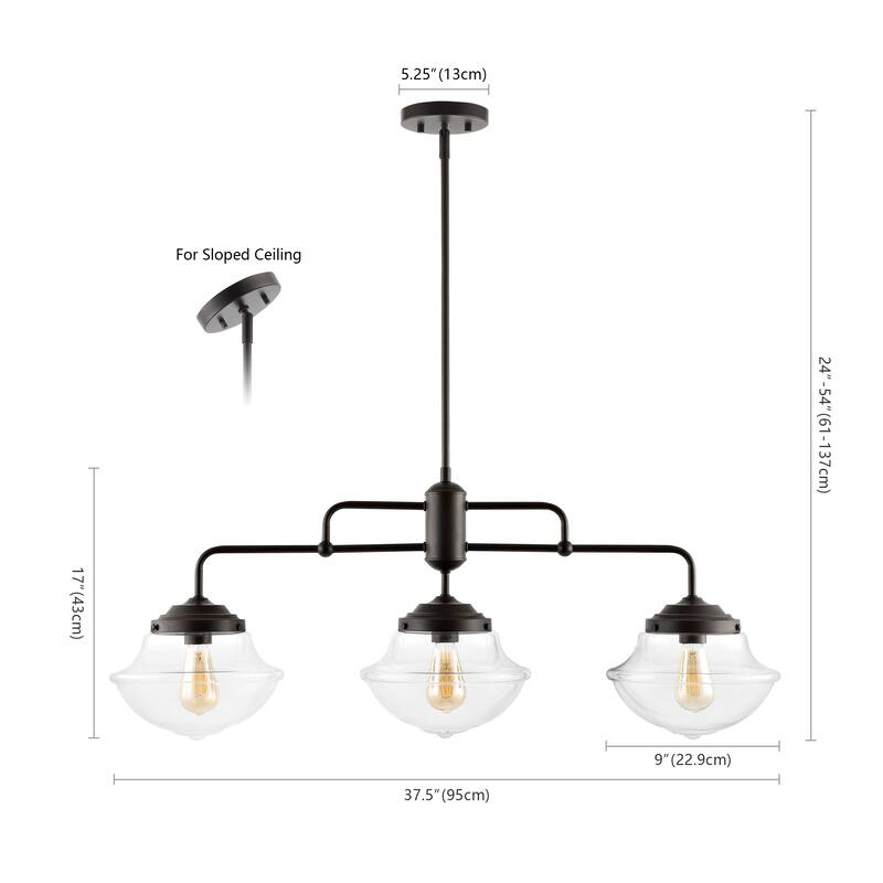 Jayden 37.5" 3-Light Industrial Farmhouse Rustic Iron/Glass Linear LED Pendant, Oil Rubbed Bronze/Clear by JONATHAN Y - 3 Light