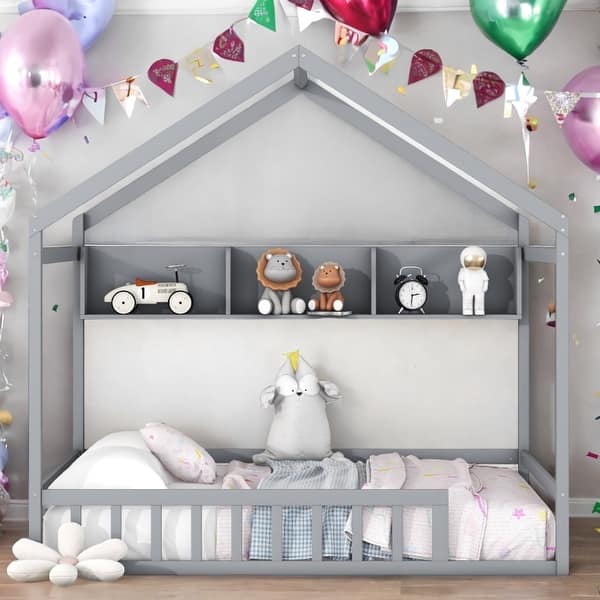 slide 2 of 11, Full Size House Bed with Roof and Storage Shelf