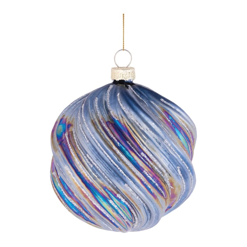Set of 6 Glass Ball Ornaments with Iridescent Swirled Design for Holiday Decor - 3.5" x 3.5" x 4" - Blue/Silver/Purple