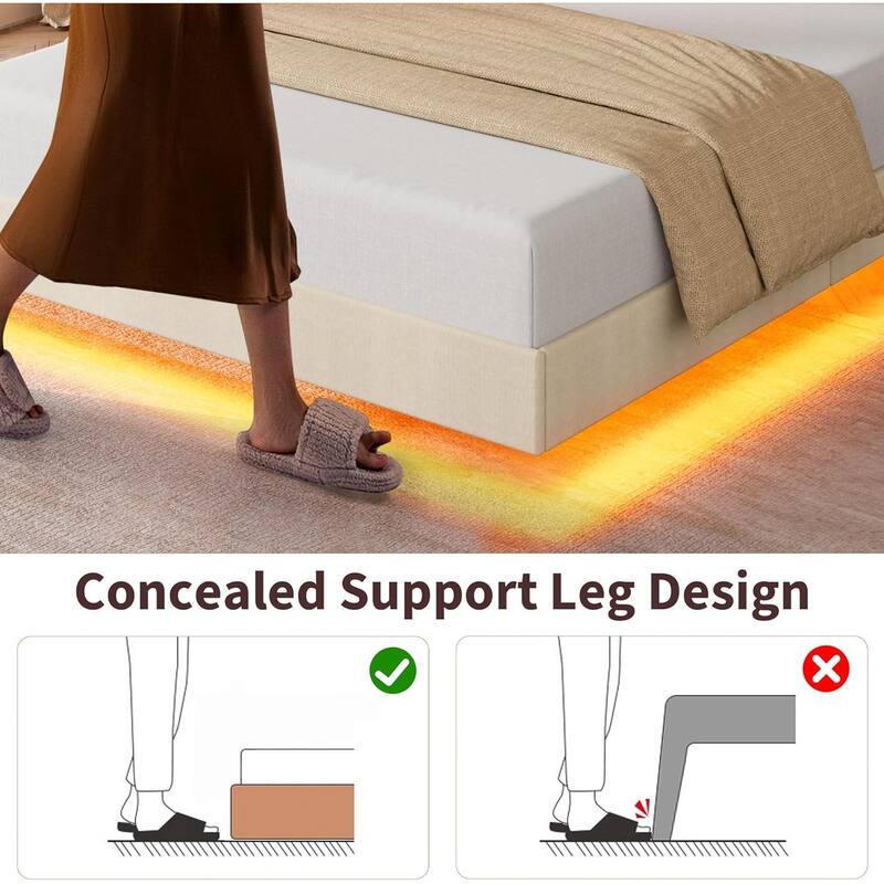 Full/Queen Floating Bed Frame with LED Lights & Charging Station, Upholstered Platform Beds with Storage Headboard